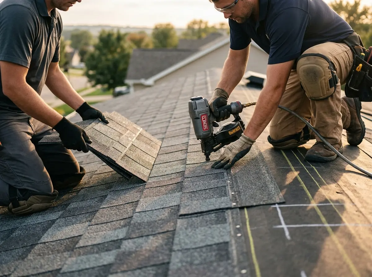 Professional roofer working on a residential roof in White